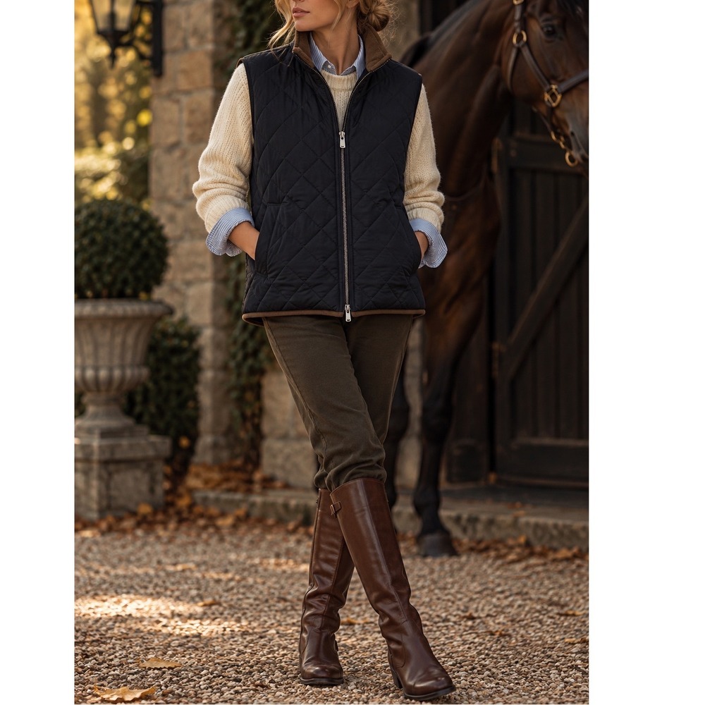 Quilted Vest womens sz XL Navy Black Heritage Preppy Equestrian Old Money